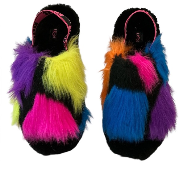 UGG Faux Fur Multicolor Fluffy Sling Slippers Size 9 - Picture 2 of 9